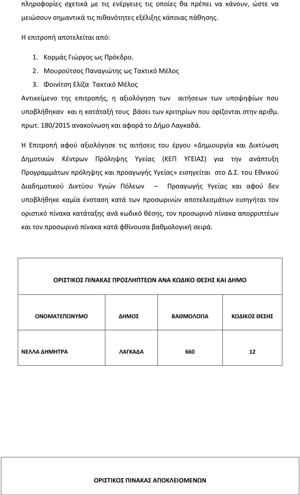 Φοινίτση Ελίζα Τακτικό Μέλος Αντικείμενο της επιτροπής, η αξιολόγηση των αιτήσεων των υποψηφίων που υποβλήθηκαν και η κατάταξή τους βάσει των κριτηρίων που ορίζονται στην αριθμ. πρωτ.