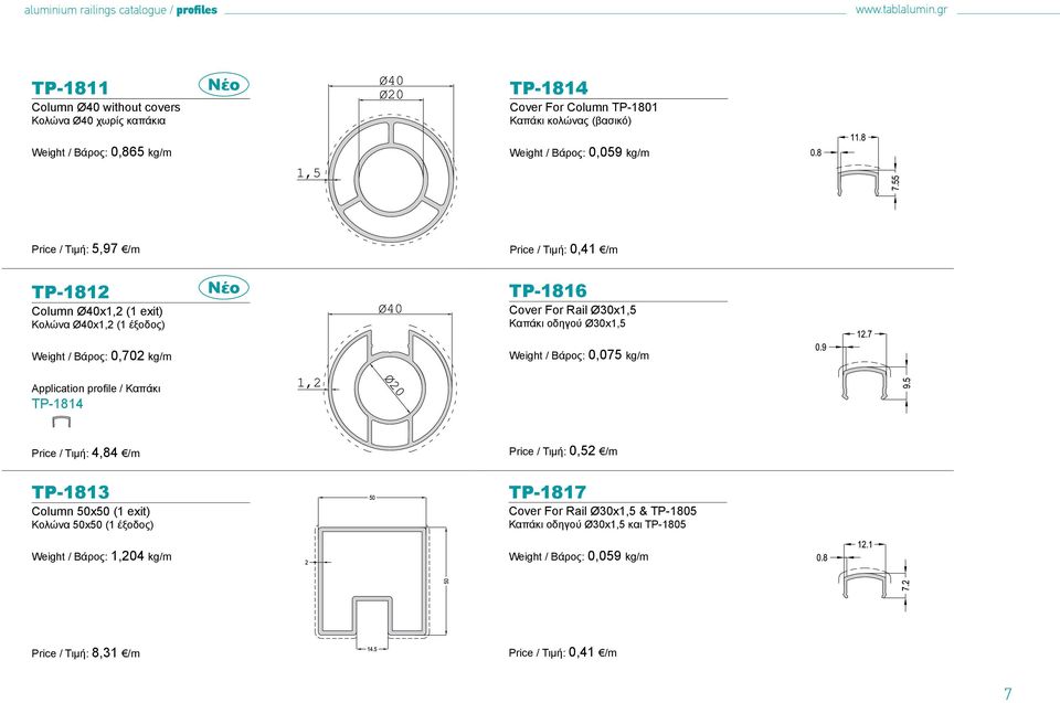 Price / Τιμή: 0,41 /m TP-1812 Column Ø40x1,2 (1 exit) Κολώνα Ø40x1,2 (1 έξοδος) Νέο TP-1816 Cover For Rail Ø30x1,5 Καπάκι οδηγού Ø30x1,5 Weight / Βάρος: 0,702 kg/m Weight / Βάρος: