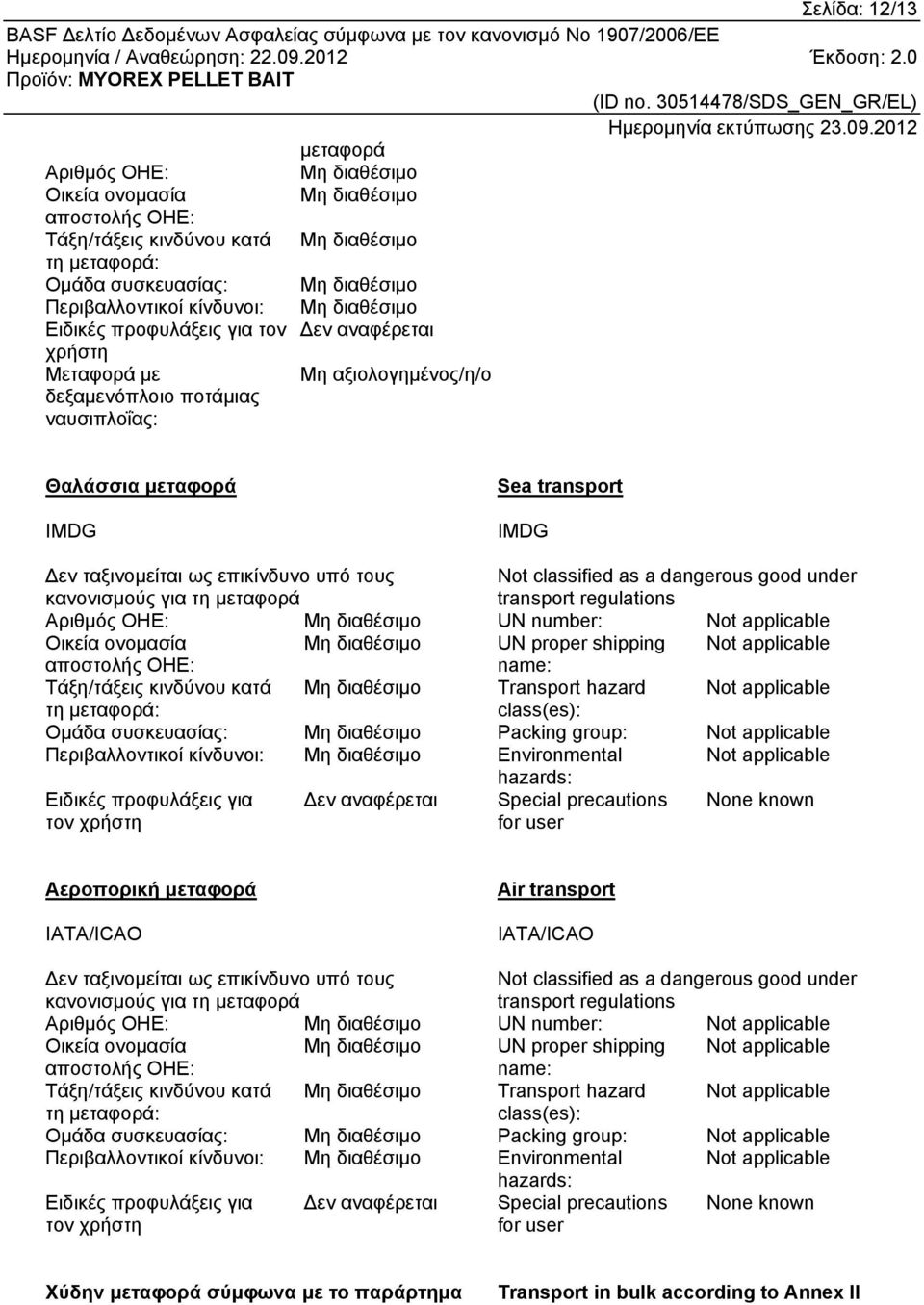 classified as a dangerous good under transport regulations Αριθμός ΟΗΕ: UN number: Not applicable Οικεία ονομασία UN proper shipping Not applicable αποστολής ΟΗΕ: name: Τάξη/τάξεις κινδύνου κατά
