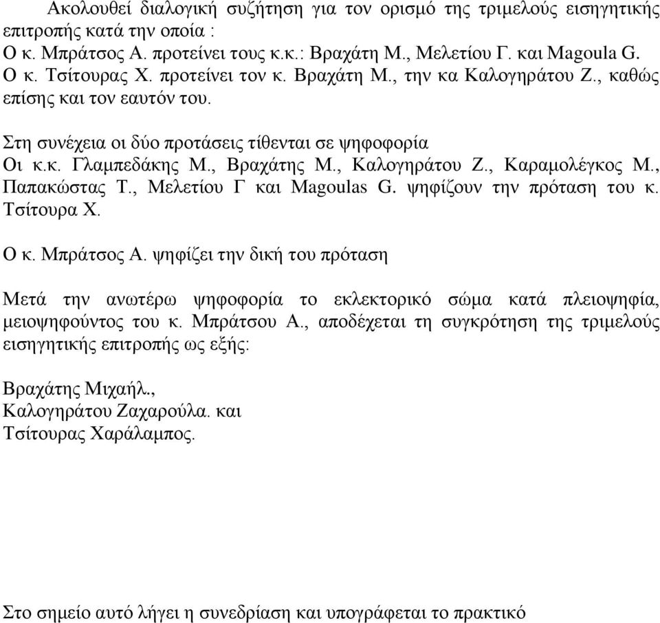 , Καραμολέγκος Μ., Παπακώστας Τ., Μελετίου Γ και Μagoulas G. ψηφίζουν την πρόταση του κ. Τσίτουρα Χ. Ο κ. Μπράτσος Α.