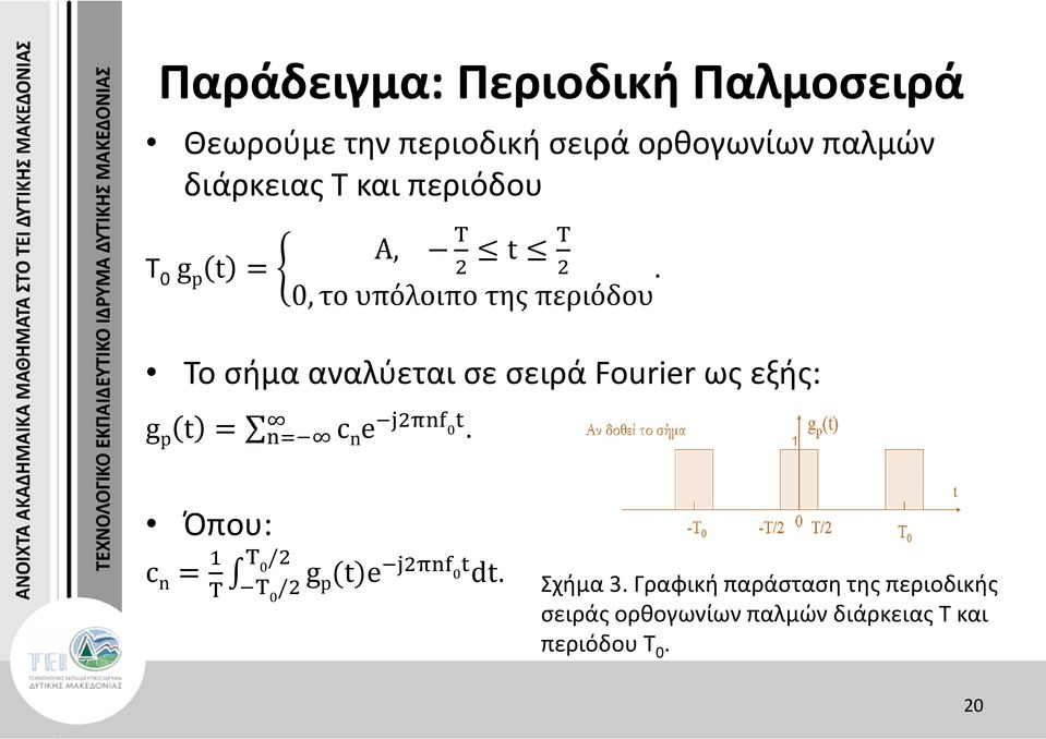 Το σήµα αναλύεται σε σειρά Fourier ως εξής: g p t = c n e j2πnf t 0 n=.