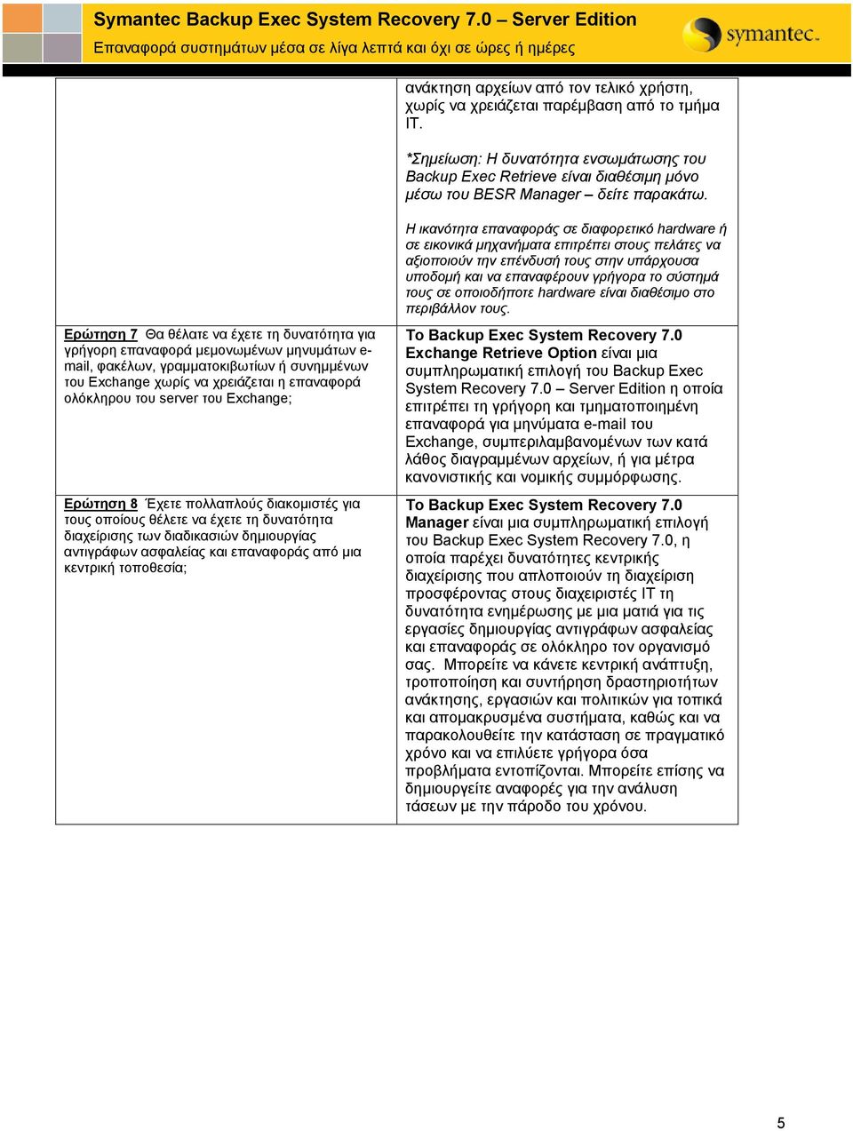 Ερώτηση 7 Θα θέλατε να έχετε τη δυνατότητα για γρήγορη επαναφορά μεμονωμένων μηνυμάτων e- mail, φακέλων, γραμματοκιβωτίων ή συνημμένων του Exchange χωρίς να χρειάζεται η επαναφορά ολόκληρου του