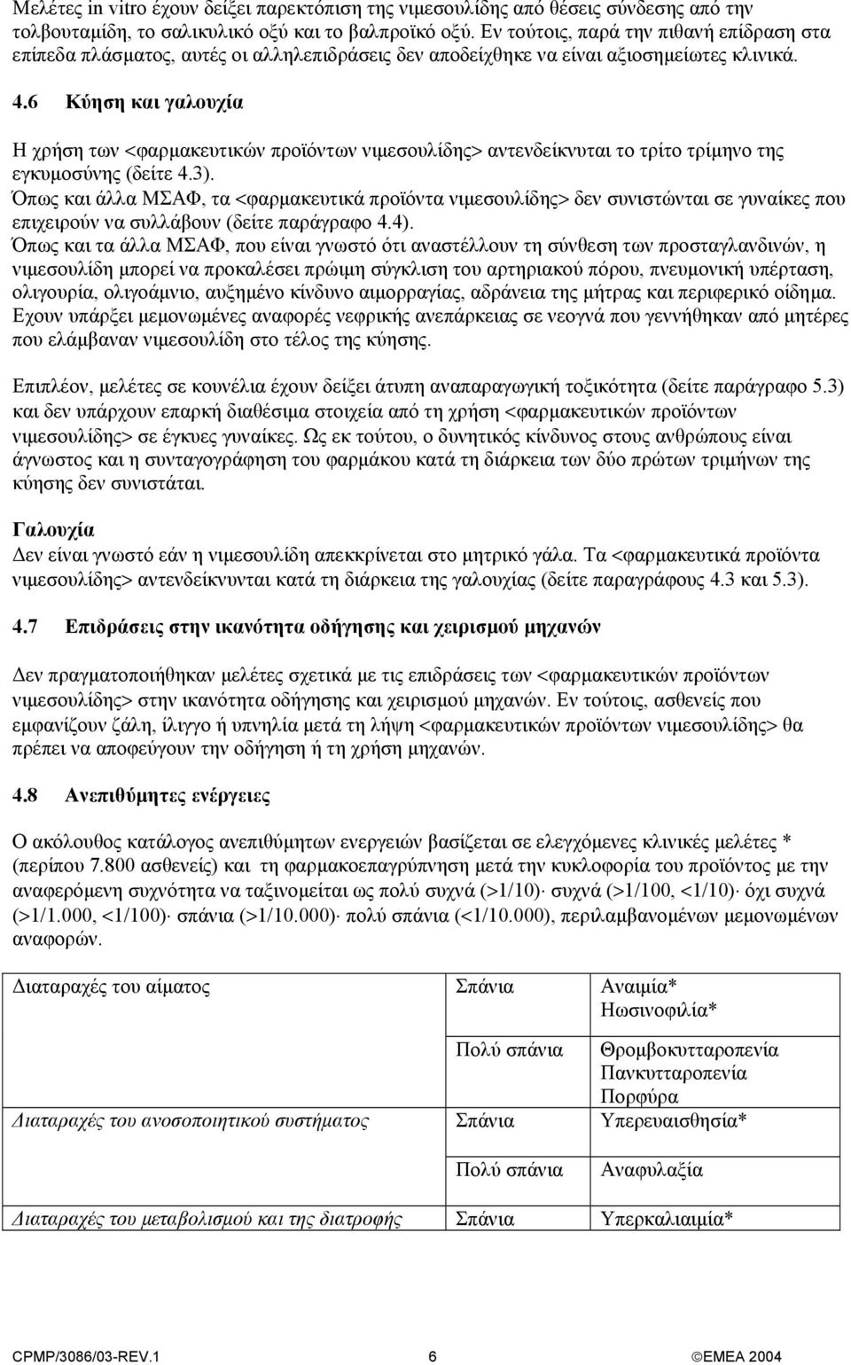 6 Kύηση και γαλουχία Η χρήση των <φαρµακευτικών προϊόντων νιµεσουλίδης> αντενδείκνυται το τρίτο τρίµηνο της εγκυµοσύνης (δείτε 4.3).