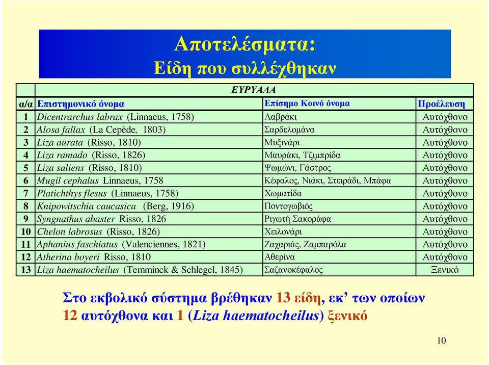 1758 Κέφαλος, Νιάκι, Στειράδι, Μπάφα Αυτόχθονο 7 Platichthys flesus (Linnaeus, 1758) Χωματίδα Αυτόχθονο 8 Knipowitschia caucasica (Berg, 1916) Ποντογωβιός Αυτόχθονο 9 Syngnathus abaster Risso, 1826