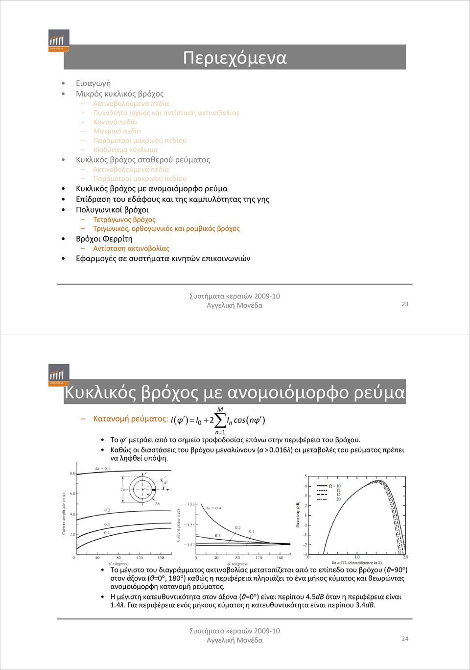 επικοινωνιών Αγγελική Μονέδα 3 Κυκλικός βρόχος με ανομοιόμορφο ρεύμα M Κατανομή ρεύματος: I( φ ) = Ι+ Incos( nφ ) n= 1 Το φ μετράει από το σημείο τροφοδοσίας επάνω στην περιφέρεια του βρόχου.