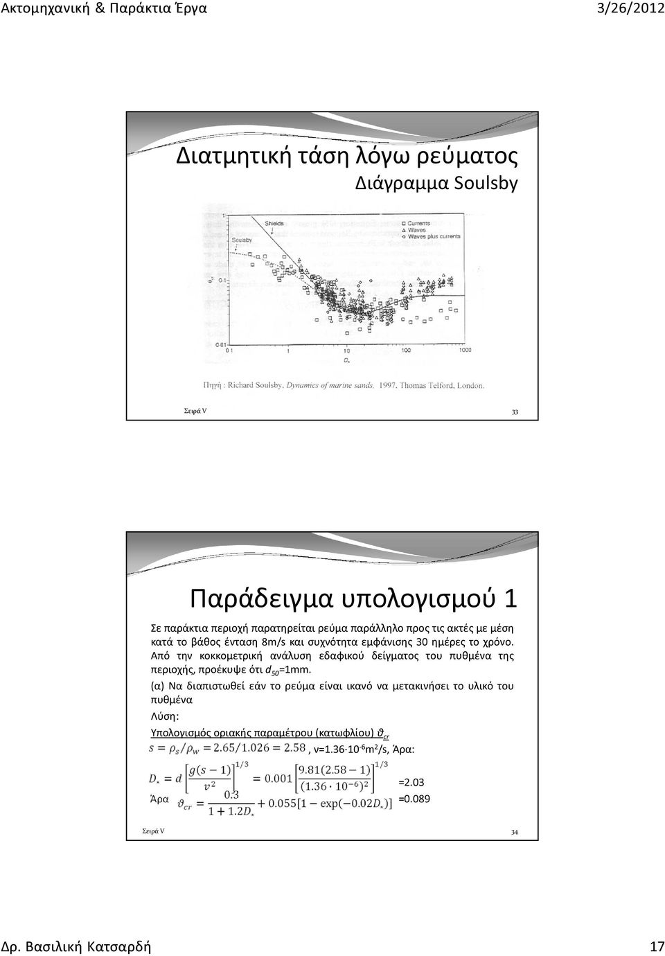 Από την κοκκομετρική ανάλυση εδαφικού δείγματος του πυθμένα της περιοχής, προέκυψε ότι d 50 =1mm.