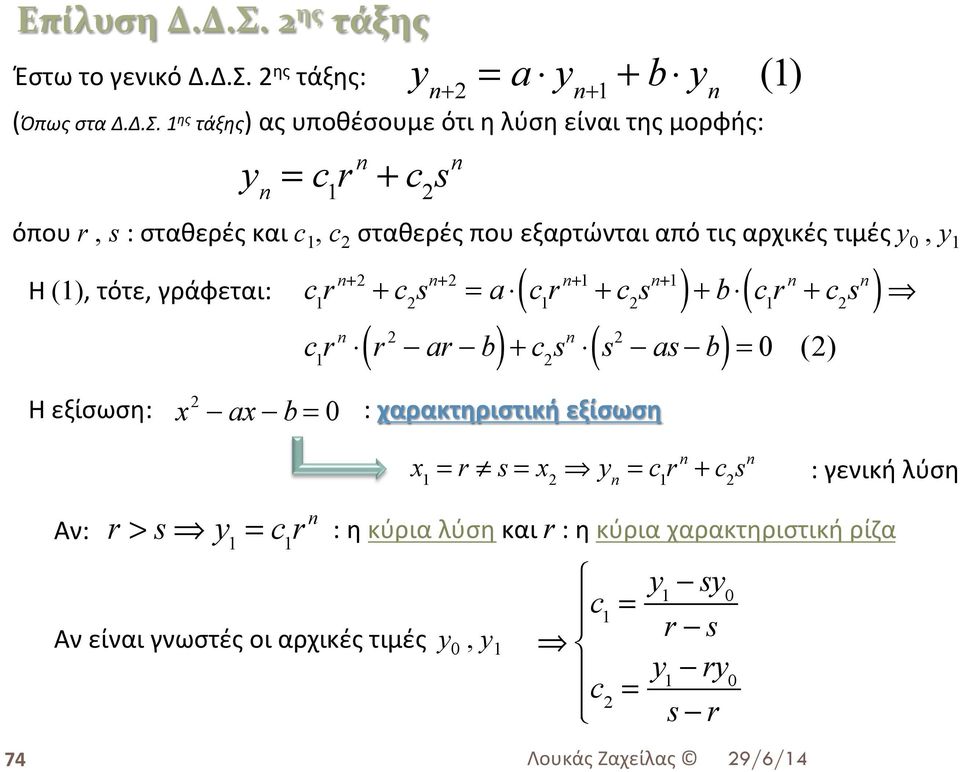 2 ης τάξης: y n+2 = a y n+1 + b y n (1) (Όπως στα Δ.Δ.Σ.