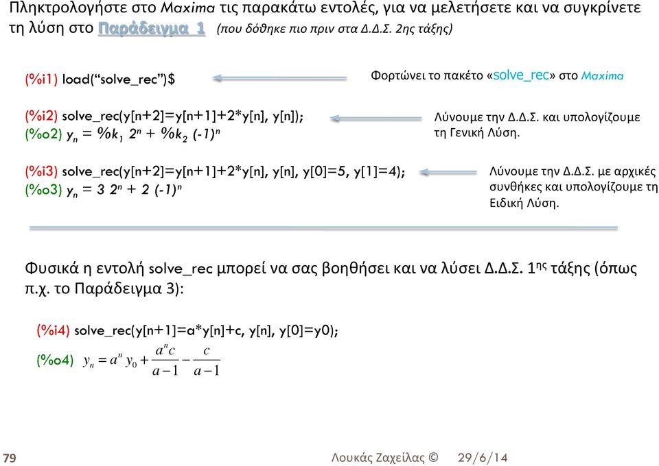 και υπολογίζουμε τη Γενική Λύση. (%i3) solve_rec(y[n+2]=y[n+1]+2*y[n], y[n], y[0]=5, y[1]=4); (%o3) y n = 3 2 n + 2 (-1) n Λύνουμε την Δ.Δ.Σ.