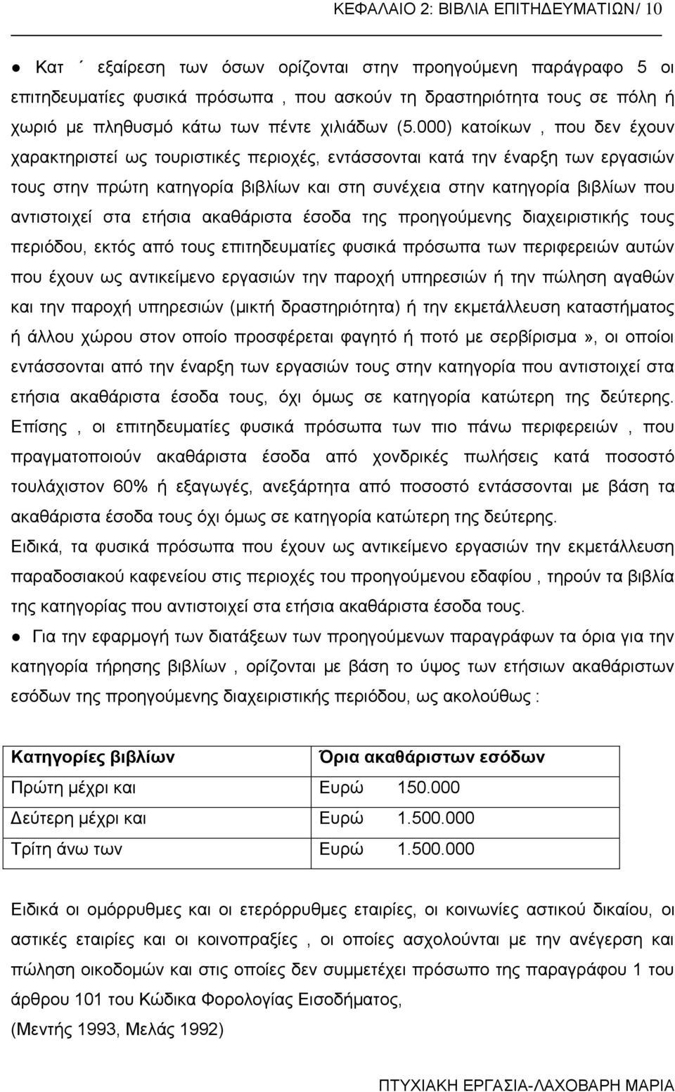 000) κατοίκων, που δεν έχουν χαρακτηριστεί ως τουριστικές περιοχές, εντάσσονται κατά την έναρξη των εργασιών τους στην πρώτη κατηγορία βιβλίων και στη συνέχεια στην κατηγορία βιβλίων που αντιστοιχεί