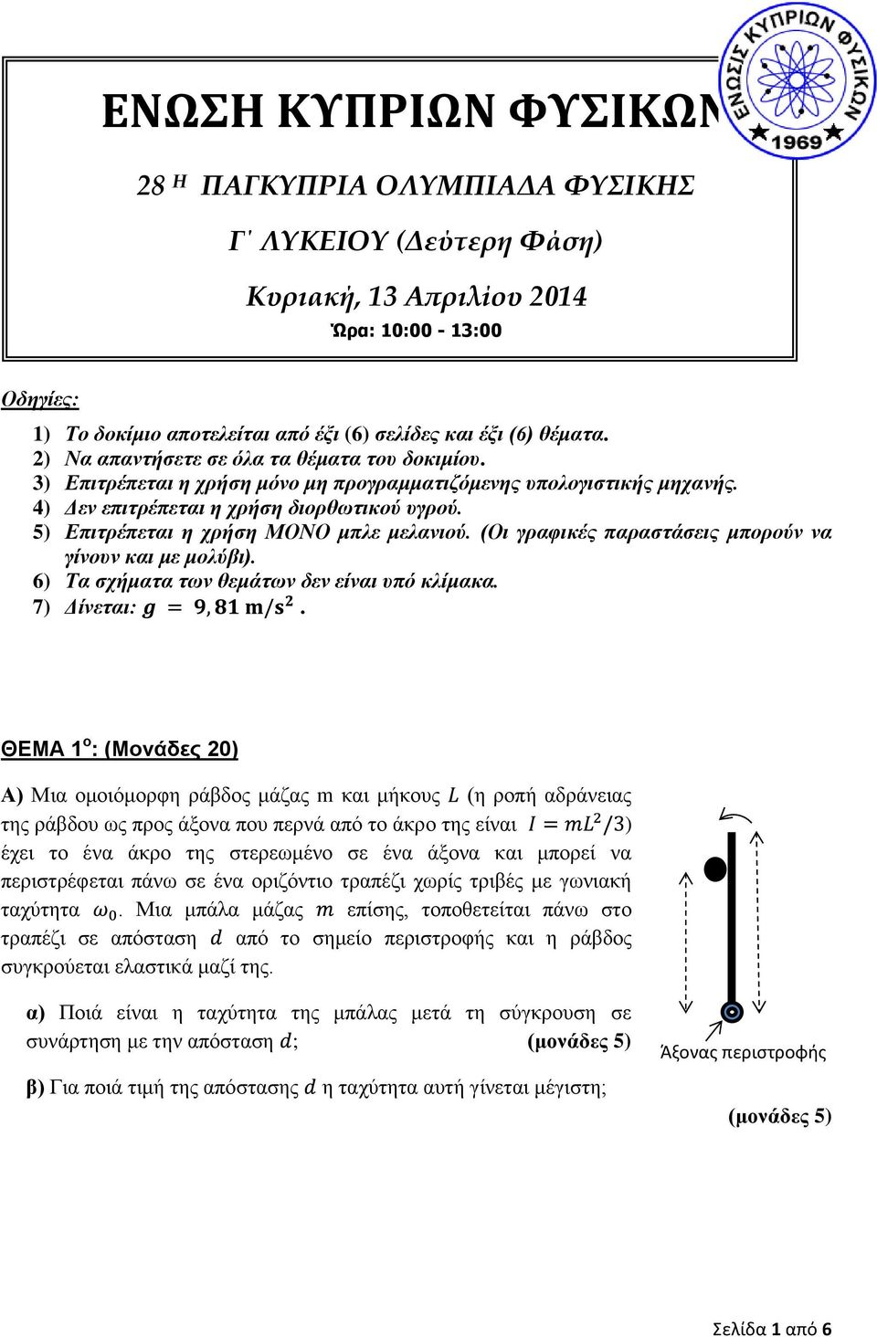 (Οι γραφικές παραστάσεις μπορούν να γίνουν και με μολύβι). 6) Τα σχήματα των θεμάτων δεν είναι υπό κλίμακα. 7) Δίνεται:.