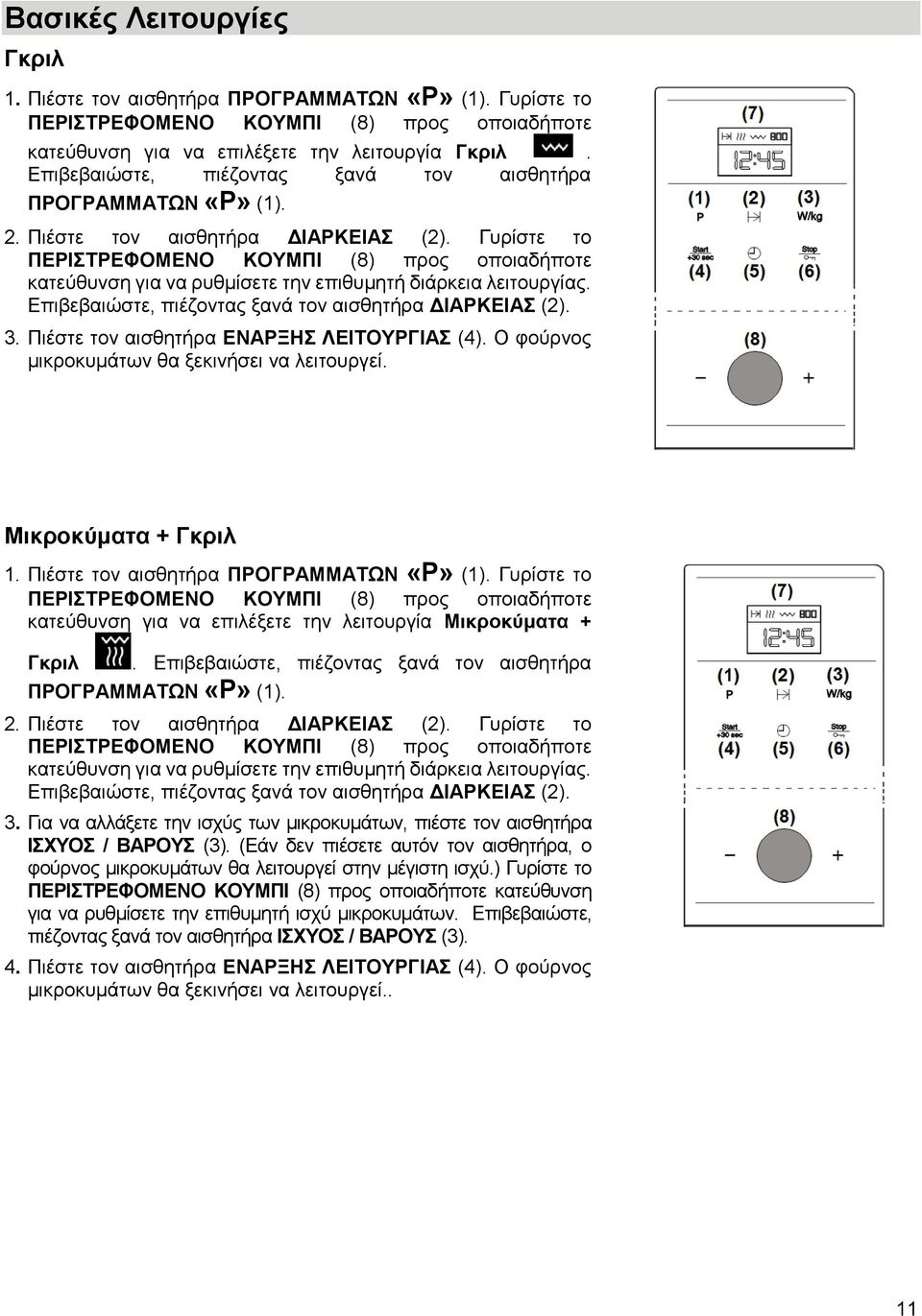 Πιέστε τον αισθητήρα ΕΝΑΡΞΗΣ ΛΕΙΤΟΥΡΓΙΑΣ (4). Ο φούρνος μικροκυμάτων θα ξεκινήσει να λειτουργεί. Μικροκύματα + Γκριλ 1. Πιέστε τον αισθητήρα ΠΡΟΓΡΑΜΜΑΤΩΝ «P» (1).