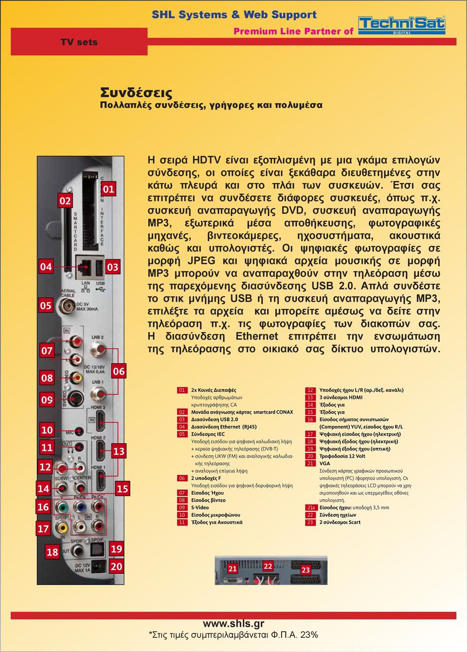 συσκευή αναπαραγωγής DVD, συσκευή αναπαραγωγής MP3, εξωτερικά μέσα αποθήκευσης, φωτογραφικές μηχανές, βιντεοκάμερες, ηχοσυστήματα, ακουστικά καθώς και υπολογιστές.