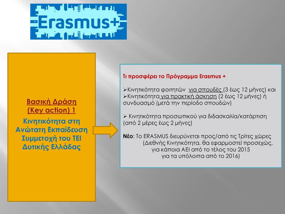 την περίοδο σπουδών) Κινητικότητα προσωπικού για διδασκαλία/κατάρτιση (από 2 μέρες έως 2 μήνες) Νέο: To ΕRASMUS διευρύνεται