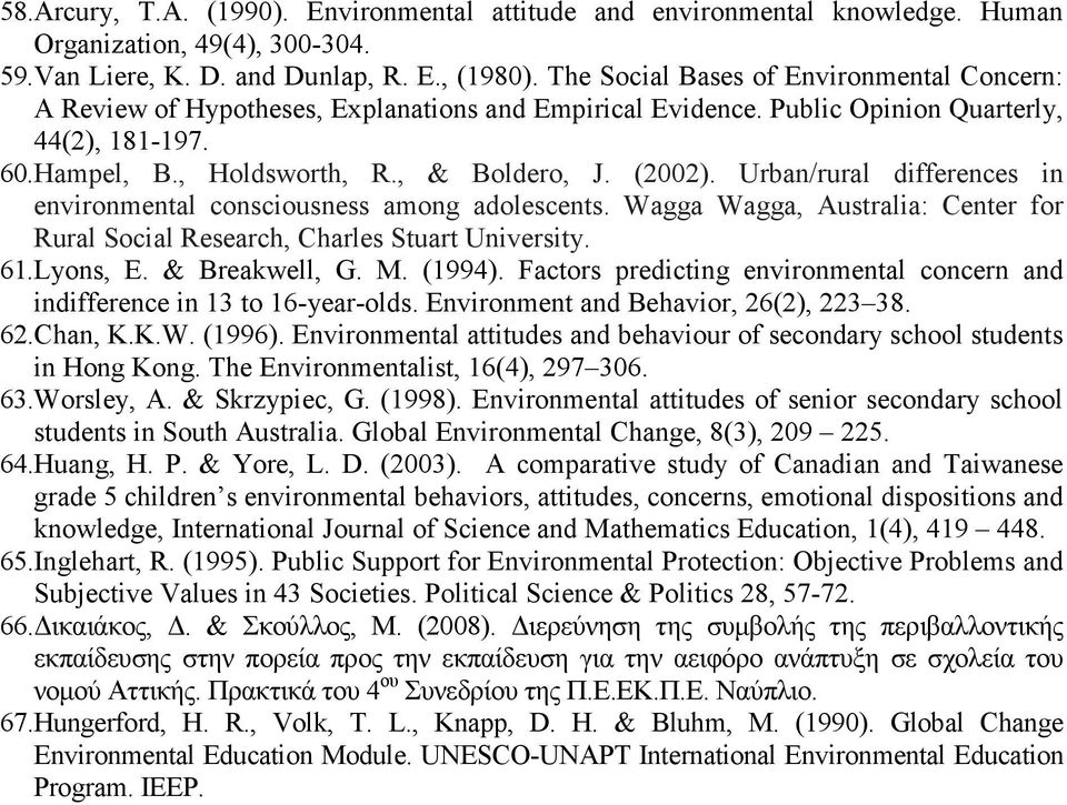 Urban/rural differences in environmental consciousness among adolescents. Wagga Wagga, Australia: Center for Rural Social Research, Charles Stuart University. 61. Lyons, E. & Breakwell, G. M. (1994).
