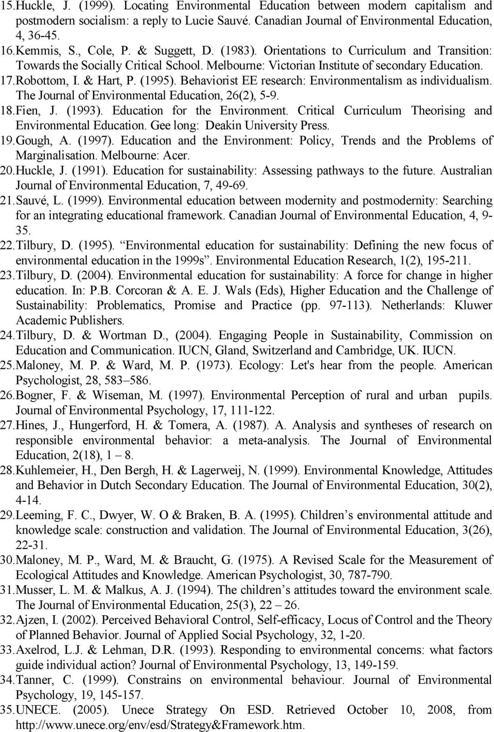 & Hart, P. (1995). Behaviorist EE research: Environmentalism as individualism. The Journal of Environmental Education, 26(2), 5-9. 18. Fien, J. (1993). Education for the Environment.