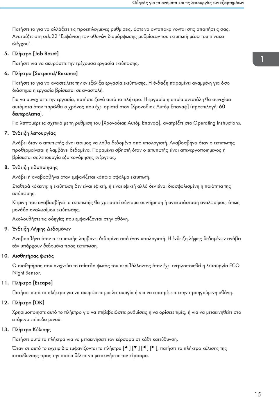 Πλήκτρο [Suspend/Resume] Πατήστε το για να αναστείλετε την εν εξελίξει εργασία εκτύπωσης. Η ένδειξη παραμένει αναμμένη για όσο διάστημα η εργασία βρίσκεται σε αναστολή.