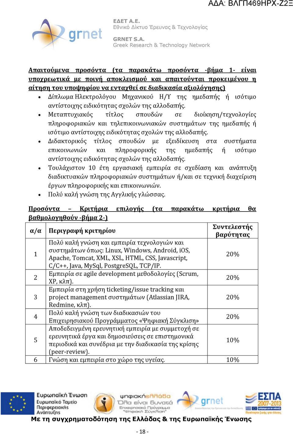 Μεταπτυχιακός τίτλος σπουδών σε διοίκηση/τεχνολογίες πληροφοριακών και τηλεπικοινωνιακών συστημάτων της ημεδαπής ή ισότιμο αντίστοιχης ειδικότητας σχολών της αλλοδαπής.