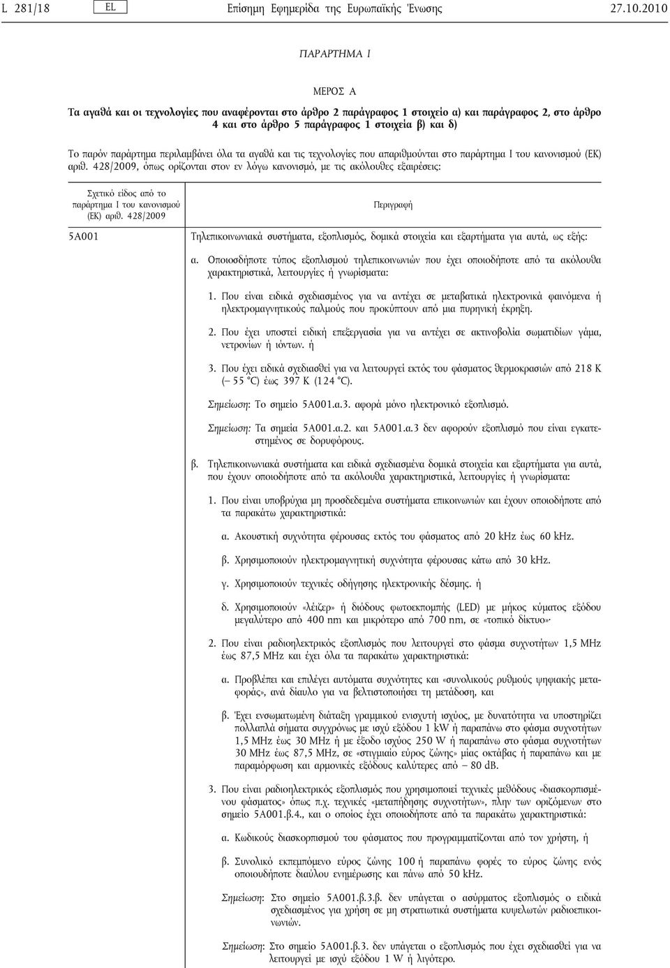 παράρτημα περιλαμβάνει όλα τα αγαθά και τις τεχνολογίες που απαριθμούνται στο παράρτημα Ι του κανονισμού (ΕΚ) αριθ.