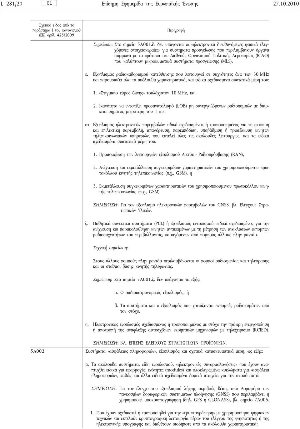 ς από το παράρτημα Ι του κανονισμού (ΕΚ) αριθ. 428/2009 Περιγραφή Σημείωση: Στο σημείο 5Α001.δ.