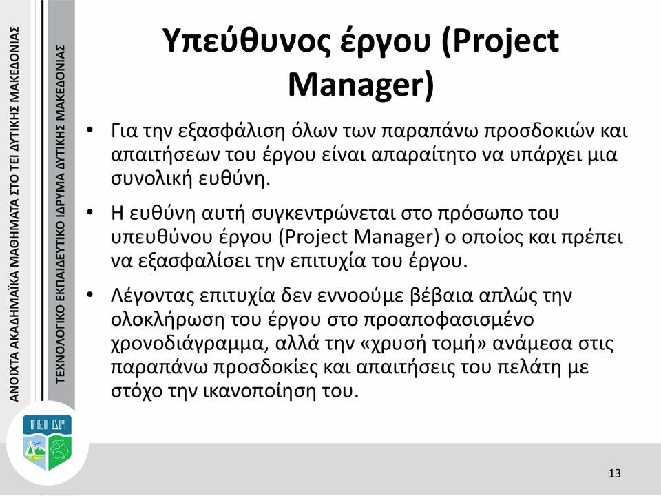Η ευθύνη αυτή συγκεντρώνεται στο πρόσωπο του υπευθύνου έργου (Project Manager) ο οποίος και πρέπει να εξασφαλίσει την επιτυχία
