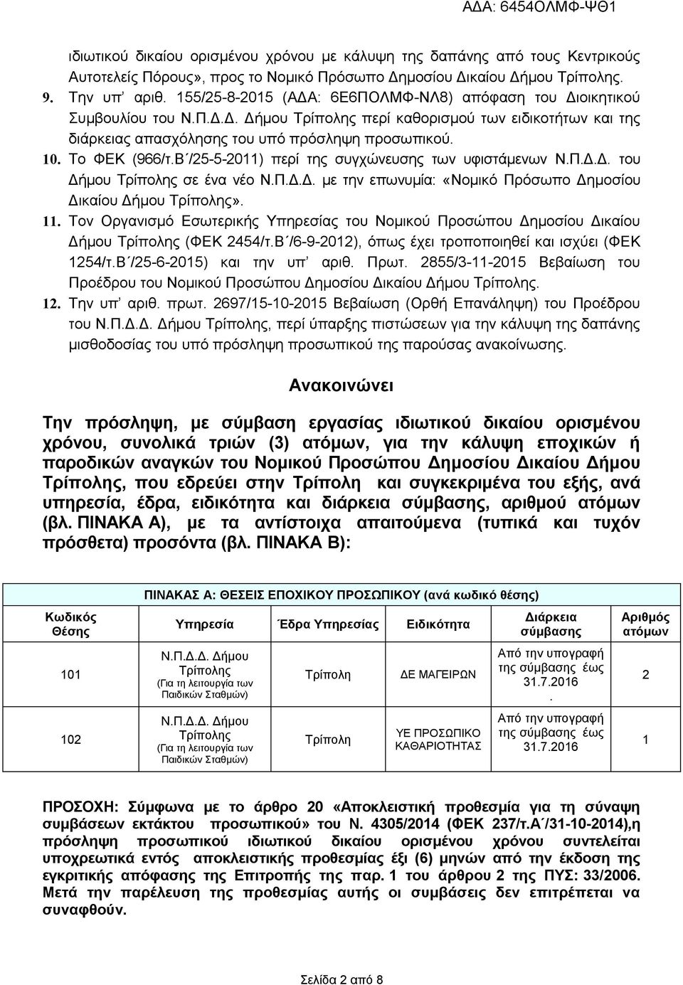 Το ΦΕΚ (966/τ.Β /25-5-2011) περί της συγχώνευσης των υφιστάμενων Ν.Π.Δ.Δ. του Δήμου Τρίπολης σε ένα νέο Ν.Π.Δ.Δ. με την επωνυμία: «Νομικό Πρόσωπο Δημοσίου Δικαίου Δήμου Τρίπολης». 11.