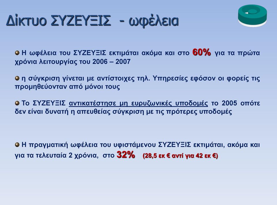 Υπηρεσίες εφόσον οι φορείς τις προμηθεύονταν από μόνοι τους Το ΣΥΖΕΥΞΙΣ αντικατέστησε μη ευρυζωνικές υποδομές το 2005