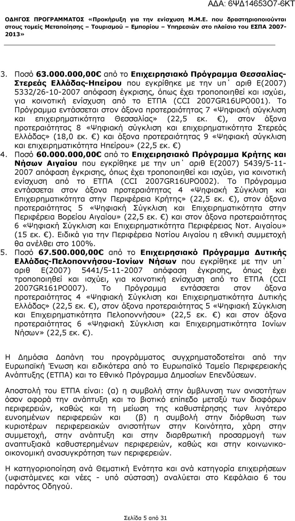 ενίσχυση από το ΕΤΠΑ (CCI 2007GR16UPO001). Το Πρόγραμμα εντάσσεται στον άξονα προτεραιότητας 7 «Ψηφιακή σύγκλιση και επιχειρηματικότητα Θεσσαλίας» (22,5 εκ.