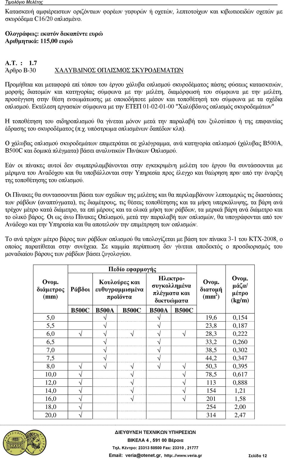 διαμόρφωσή του σύμφωνα με την μελέτη, προσέγγιση στην θέση ενσωμάτωσης με οποιοδήποτε μέσον και τοποθέτησή του σύμφωνα με τα σχέδια οπλισμού.