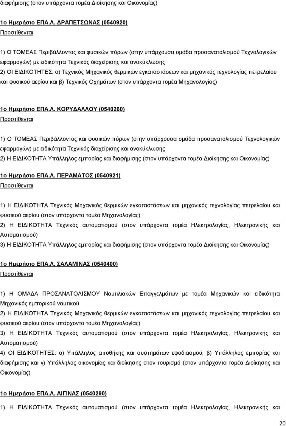 ΕΙΔΙΚΟΤΗΤΕΣ: α) Τεχνικός Μηχανικός θερμικών εγκαταστάσεων και μηχανικός τεχνολογίας πετρελαίου και φυσικού αερίου και β) Τεχνικός Οχημάτων (στον υπάρχοντα τομέα Μηχανολογίας) 1ο Ημερήσιο ΕΠΑ.Λ.