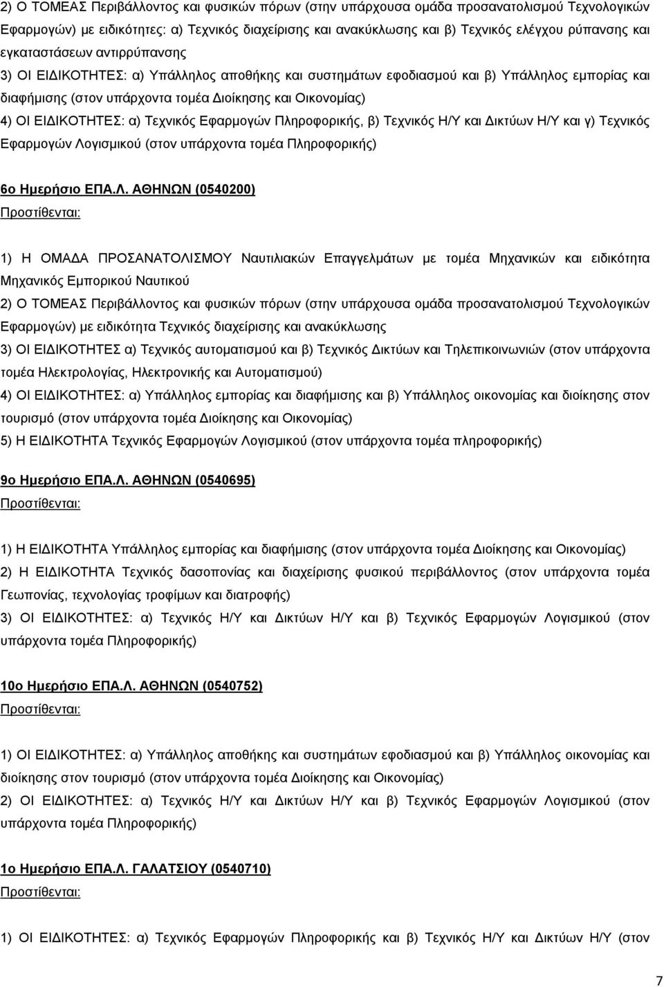 Τεχνικός Εφαρμογών Πληροφορικής, β) Τεχνικός Η/Υ και Δικτύων Η/Υ και γ) Τεχνικός Εφαρμογών Λο