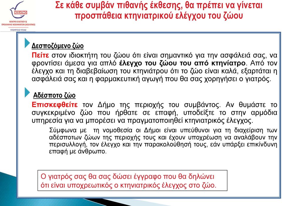 Από τον έλεγχο και τη διαβεβαίωση του κτηνιάτρου ότι το ζώο είναι καλά, εξαρτάται η ασφάλειά σας και η φαρμακευτική αγωγή που θα σας χορηγήσει ο γιατρός.