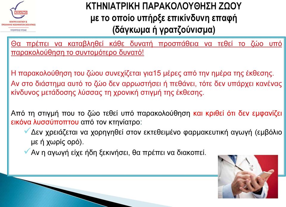 Αν στο διάστημα αυτό το ζώο δεν αρρωστήσει ή πεθάνει, τότε δεν υπάρχει κανένας κίνδυνος μετάδοσης λύσσας τη χρονική στιγμή της έκθεσης.