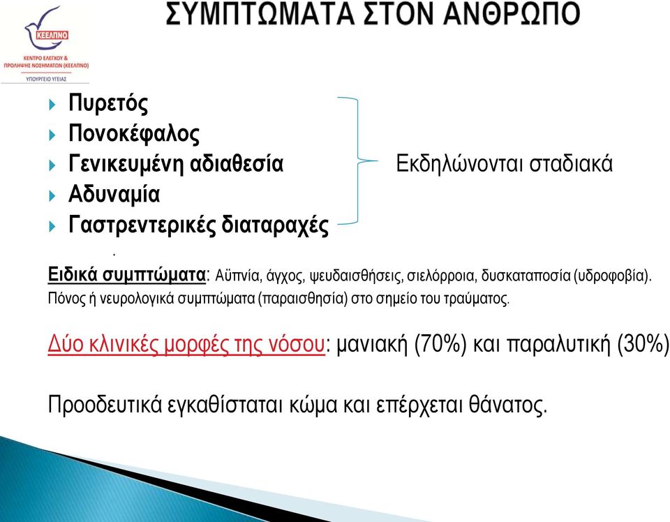 Eιδικά συμπτώματα: Αϋπνία, άγχος, ψευδαισθήσεις, σιελόρροια, δυσκαταποσία (υδροφοβία).