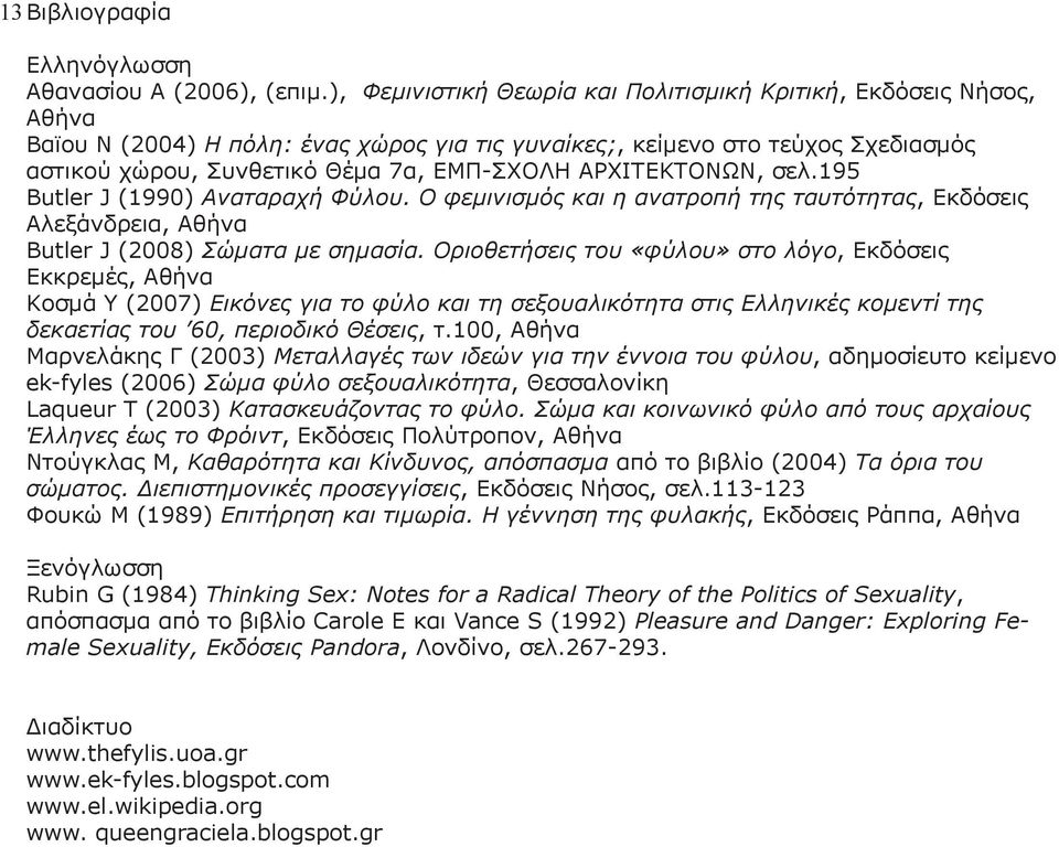 ΑΡΧΙΤΕΚΤΟΝΩΝ, σελ.195 Butler J (1990) Αναταραχή Φύλου. Ο φεμινισμός και η ανατροπή της ταυτότητας, Εκδόσεις Αλεξάνδρεια, Αθήνα Butler J (2008) Σώματα με σημασία.