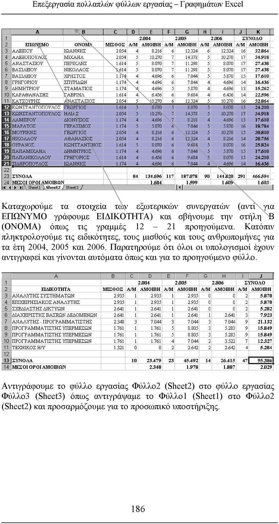 Κατόπιν πληκτρολογούμε τις ειδικότητες, τους μισθούς και τους ανθρωπομήνες για τα έτη 2004, 2005 και 2006.