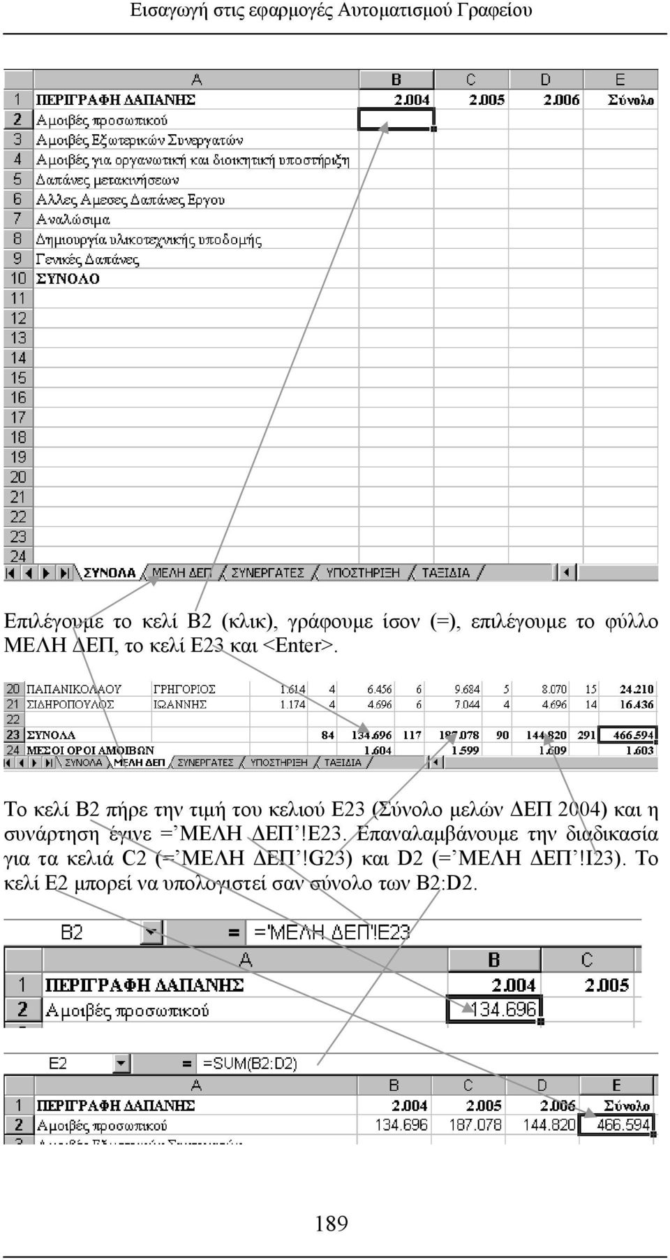 Το κελί Β2 πήρε την τιμή του κελιού Ε23 (Σύνολο μελών ΔΕΠ 2004) και η συνάρτηση έγινε = ΜΕΛΗ ΔΕΠ!