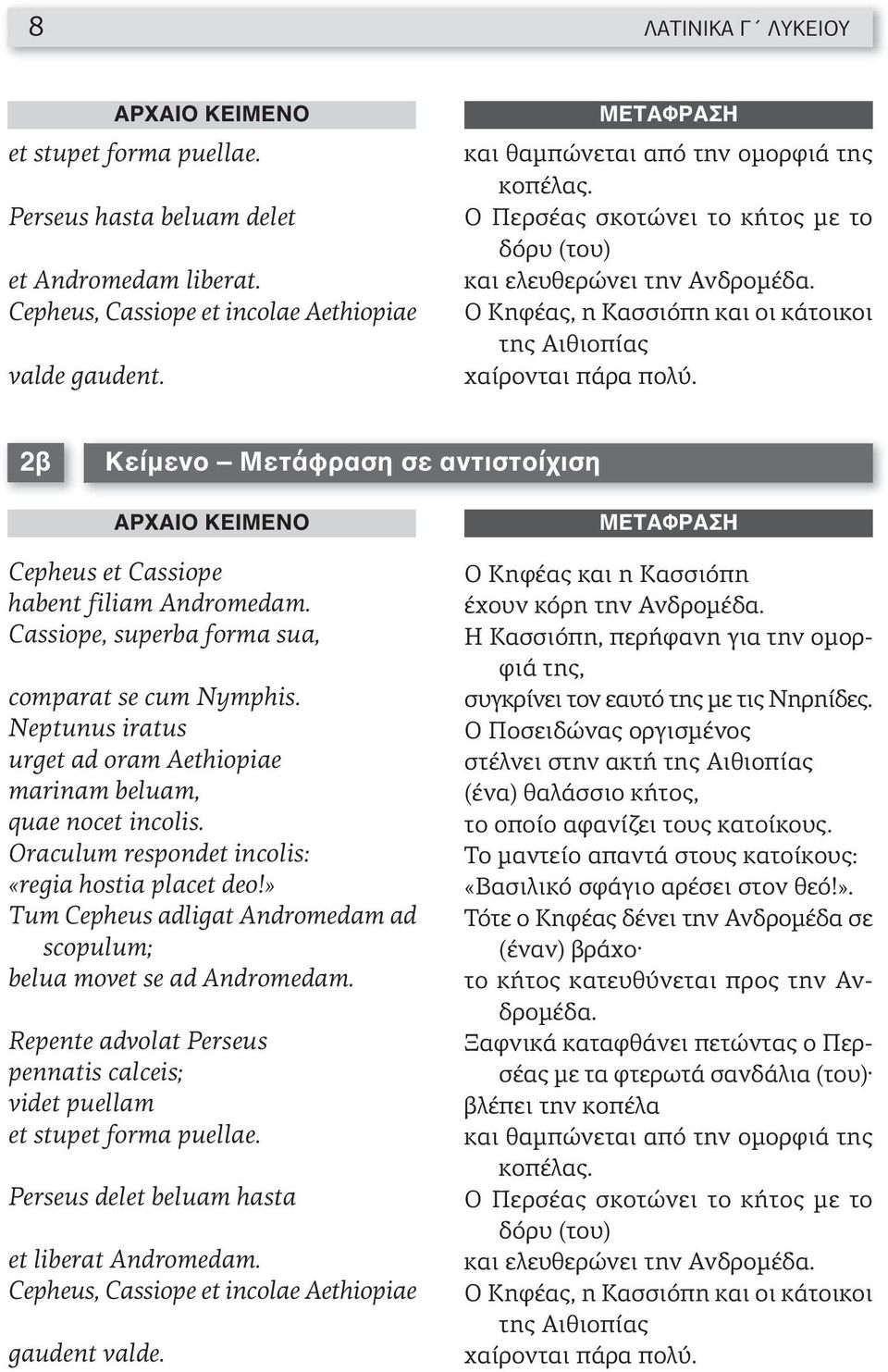 Ο Κηφέας, η Κασσιόπη και οι κάτοικοι της Αιθιοπίας χαίρονται πάρα πολύ. 2β Κείμενο Μετάφραση σε αντιστοίχιση Cepheus et Cassiope habent filiam Andromedam.