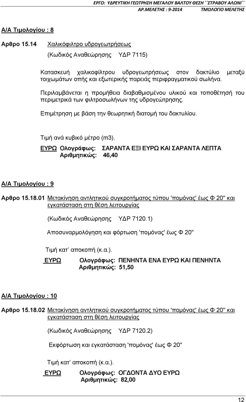Περιλαμβάνεται η προμήθεια διαβαθμισμένου υλικού και τοποθέτησή του περιμετρικά των φιλτροσωλήνων της υδρογεώτρησης. Επιμέτρηση με βάση την θεωρητική διατομή του δακτυλίου. Τιμή ανά κυβικό μέτρο (m3).