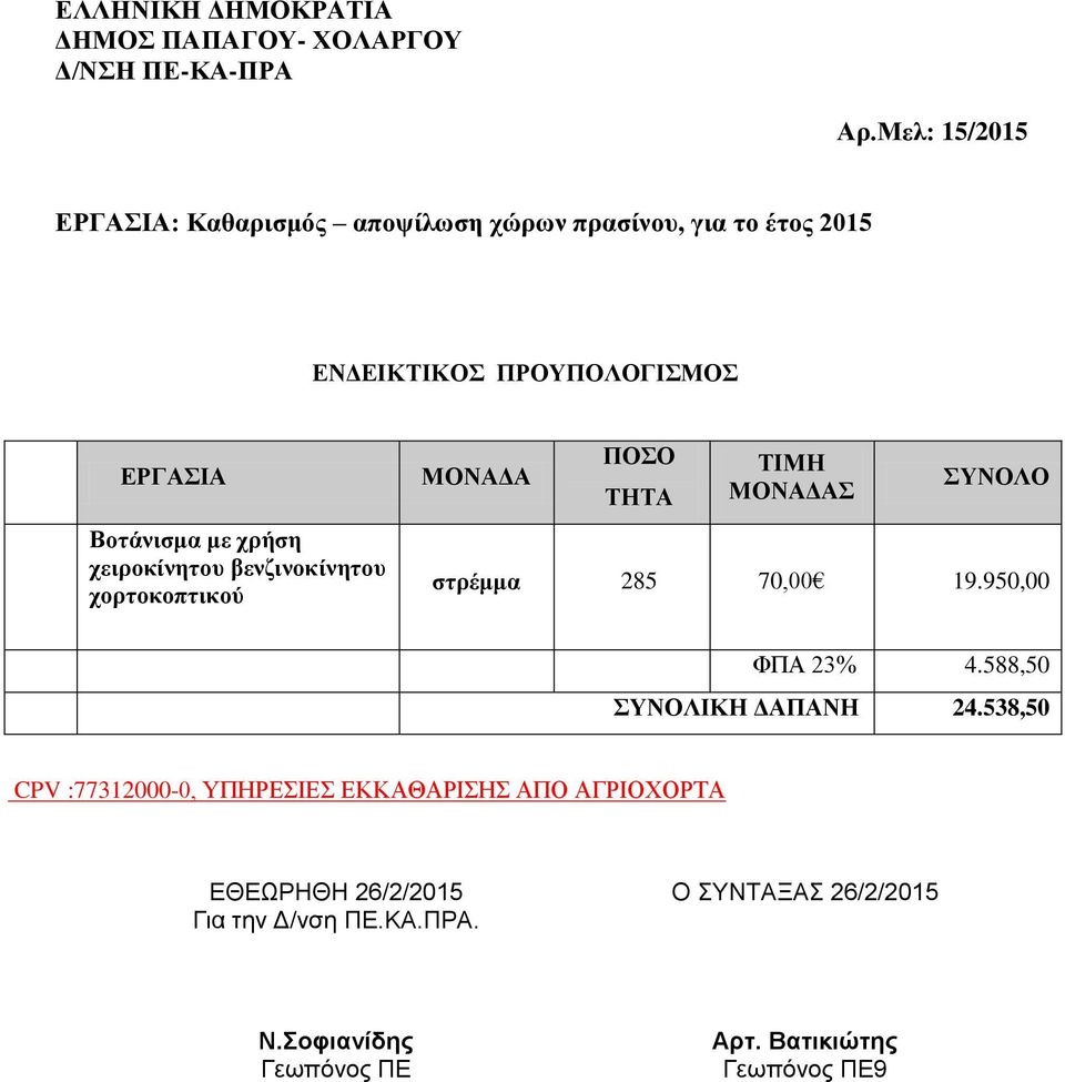 ΤΗΤΑ ΤΙΜΗ ΜΟΝΑΔΑΣ ΣΥΝΟΛΟ στρέμμα 285 70,00 19.950,00 ΦΠΑ 23% 4.588,50 ΣΥΝΟΛΙΚΗ ΔΑΠΑΝΗ 24.