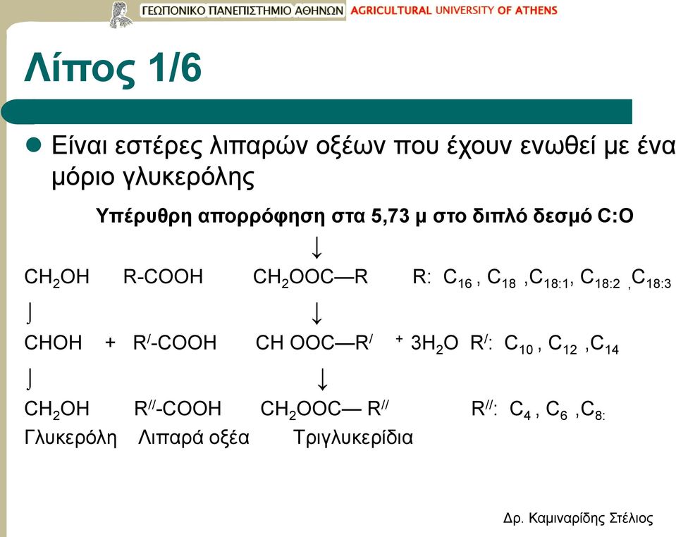 C 18,C 18:1, C 18:2, C 18:3 CHOH + R / -COOH CH OOC R / + 3H 2 O R / : C 10, C 12,C