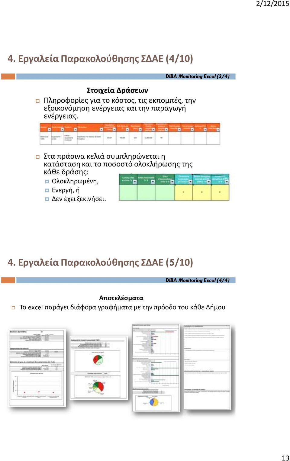 Στα πράσινα κελιά συμπληρώνεται η κατάσταση και το ποσοστό ολοκλήρωσης της κάθε δράσης: Ολοκληρωμένη, Ενεργή, ή