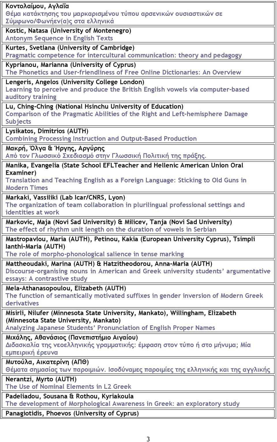 Free Online Dictionaries: An Overview Lengeris, Angelos (University College London) Learning to perceive and produce the British English vowels via computer-based auditory training Lu, Ching-Ching