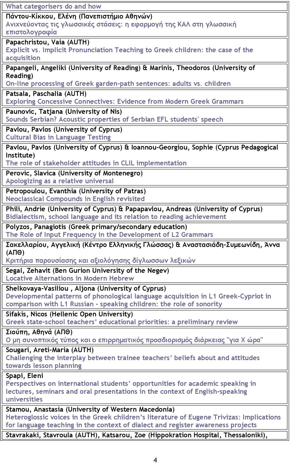 garden-path sentences: adults vs. children Patsala, Paschalia (AUTH) Exploring Concessive Connectives: Evidence from Modern Greek Grammars Paunovic, Tatjana (University of Nis) Sounds Serbian?