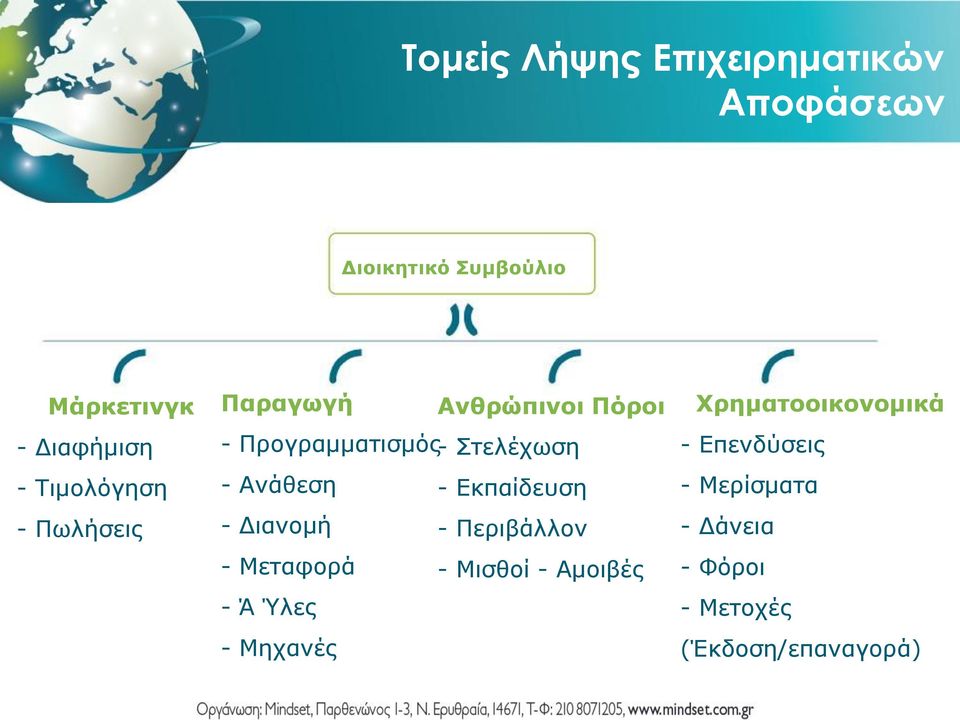 - Εκπαίδευση - Διανομή - Περιβάλλον - Μεταφορά - Μισθοί - Αμοιβές - Ά Ύλες - Μηχανές