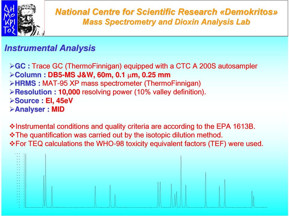 25 mm HRMS : MAT-95 XP mass spectrometer (ThermoFinnigan) Resolution : 10,000 resolving power (10% valley definition).