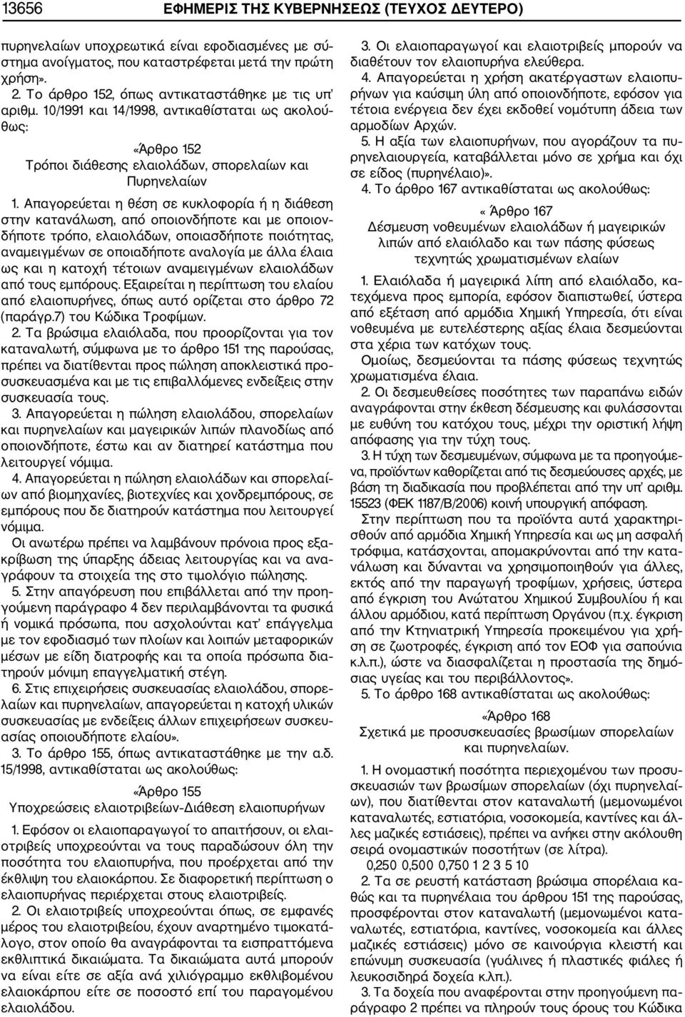 Απαγορεύεται η θέση σε κυκλοφορία ή η διάθεση στην κατανάλωση, από οποιονδήποτε και με οποιον δήποτε τρόπο, ελαιολάδων, οποιασδήποτε ποιότητας, αναμειγμένων σε οποιαδήποτε αναλογία με άλλα έλαια ως