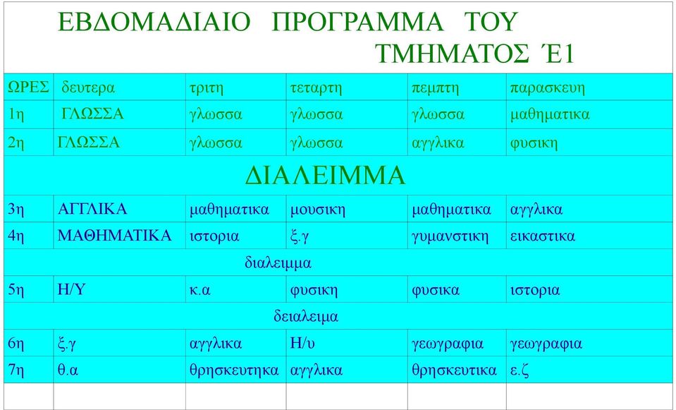 μαθηματικα αγγλικα 4η ΜΑΘΗΜΑΤΙΚΑ ιστορια ξ.γ γυμανστικη εικαστικα διαλειμμα 5η Η/Υ κ.