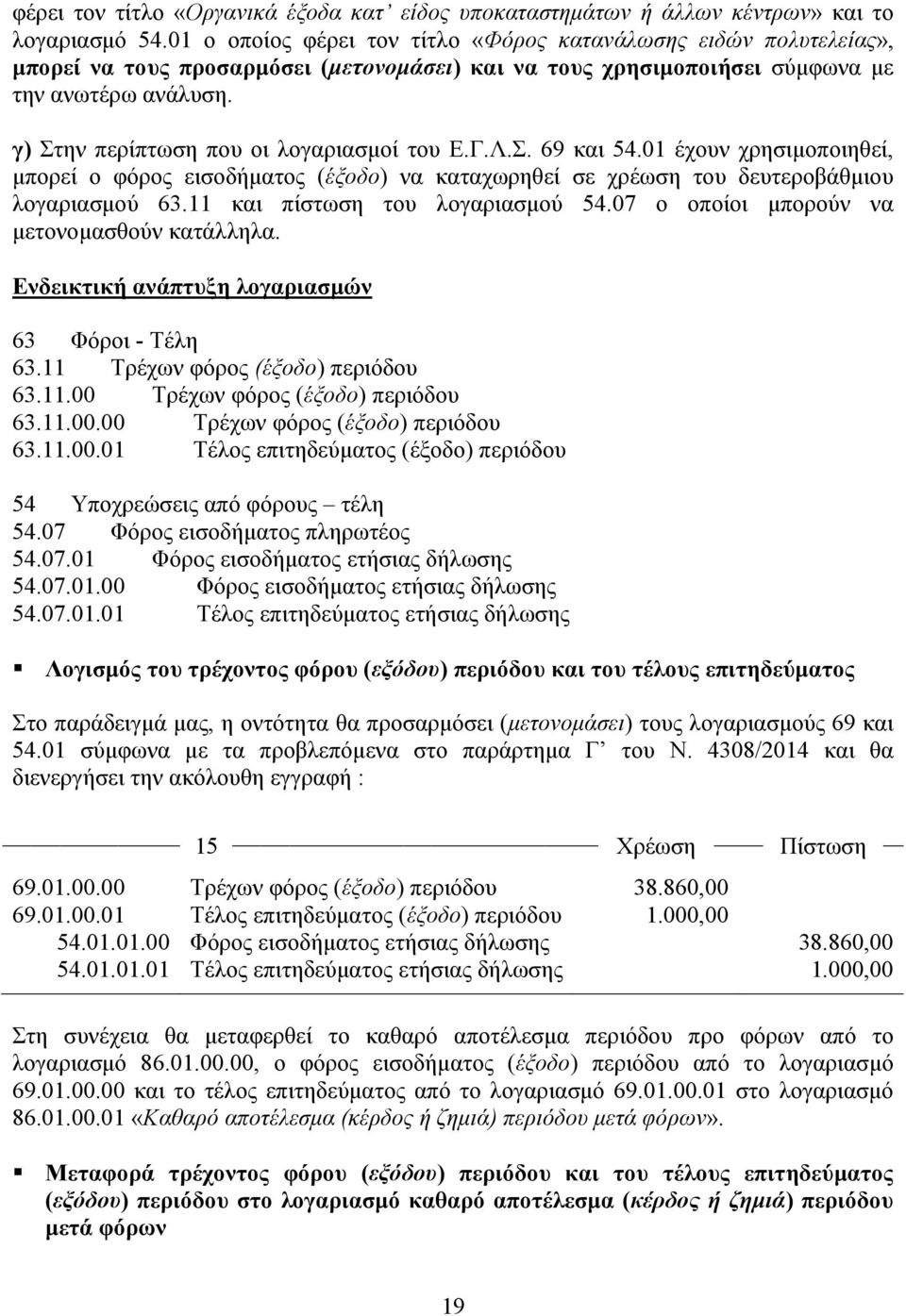 γ) Στην περίπτωση που οι λογαριασµοί του Ε.Γ.Λ.Σ. 69 και 54.01 έχουν χρησιµοποιηθεί, µπορεί ο φόρος εισοδήµατος (έξοδο) να καταχωρηθεί σε χρέωση του δευτεροβάθµιου λογαριασµού 63.