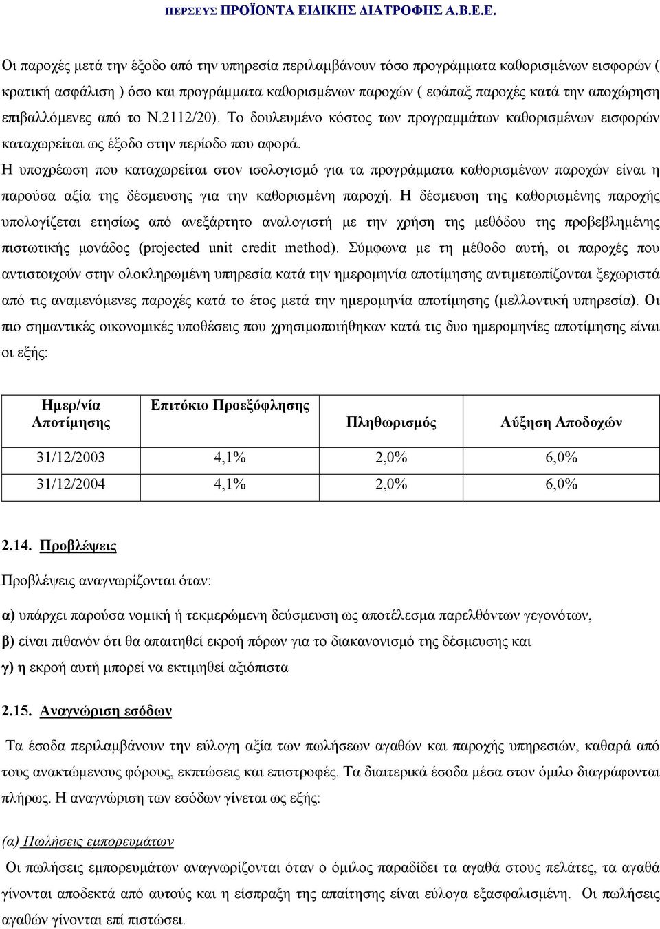 Η υποχρέωση που καταχωρείται στον ισολογισµό για τα προγράµµατα καθορισµένων παροχών είναι η παρούσα αξία της δέσµευσης για την καθορισµένη παροχή.