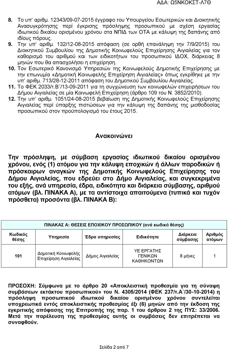 της δαπάνης από ιδίους πόρους. 9. Την υπ αριθμ.